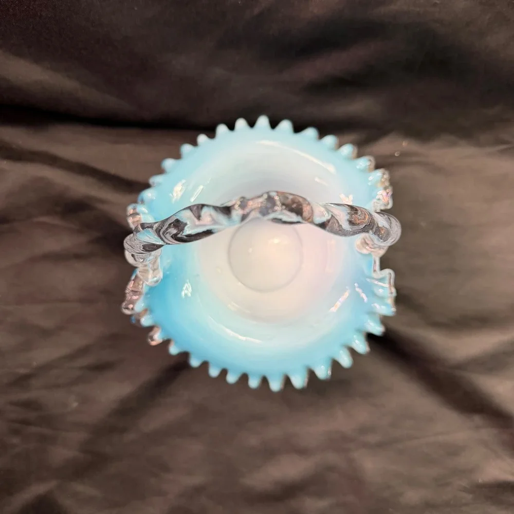 Vintage Fenton Glass Basket Blue Cased Overlay Silver Jamestown Ruffled Twisted